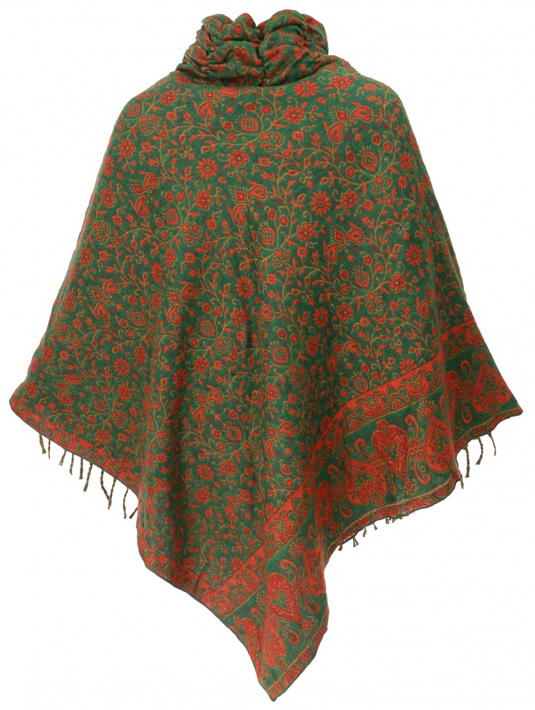 Poncho Hippie chic, langer Paisley Poncho mit gerafftem Kragen - grün/rot 