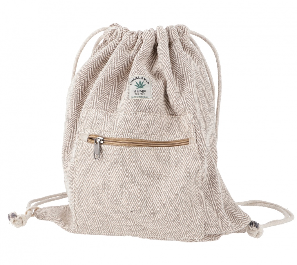 Ethno Hanf Rucksack mit Fischgrätenmuster, Turnbeutel, Sportbeutel - braun - 40x35x15 cm