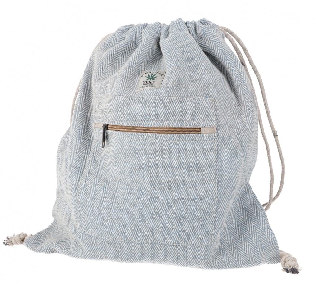 Ethno Hanf Rucksack mit Fischgrätenmuster, Turnbeutel, Sportbeutel - blau - 40x35x15 cm