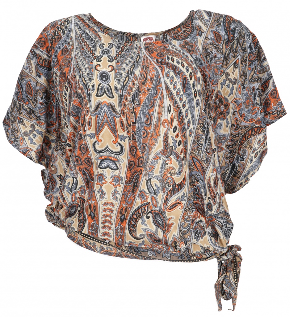 Lockere Sommerbluse, seidige Boho Bluse - beige/blau