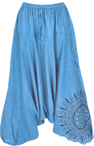 Haremshose Pluderhose, Pumphose mit Mandala, Aladinhose aus Baumwolle - blau - 