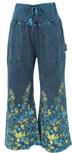 Palazzohose, Boho Baumwollhose, Hosenrock mit Blüten, Schlaghose - blau Größe L 