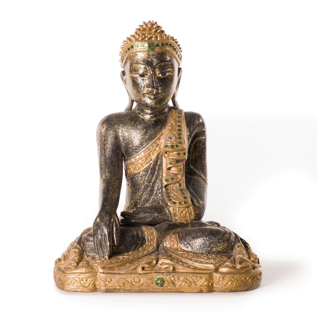 Buddhaskulptur aus Akazienholz, B 34 cm, H 45 cm