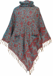 Poncho Hippie chic, langer Paisley Poncho mit gerafftem Kragen - petrol/rot 