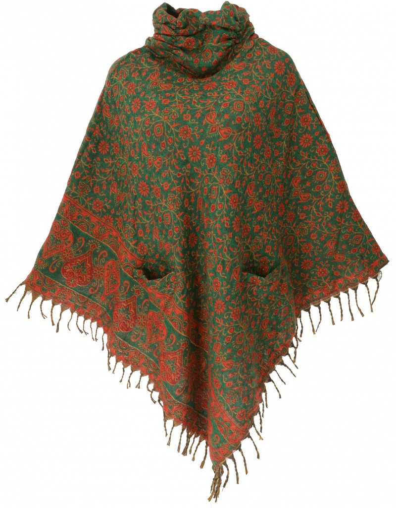 Poncho Hippie chic, langer Paisley Poncho mit gerafftem Kragen - grün/rot 