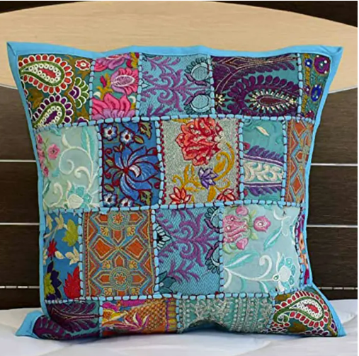 Patchwork Kissen Mar 40x40 cm mit Füllung | Boho Zierkissen | Türkis