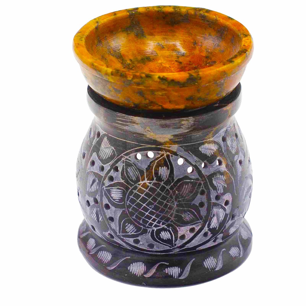 Speckstein-Ölbrenner 10 cm – Mandala-Blume – Schwarz und Gelb