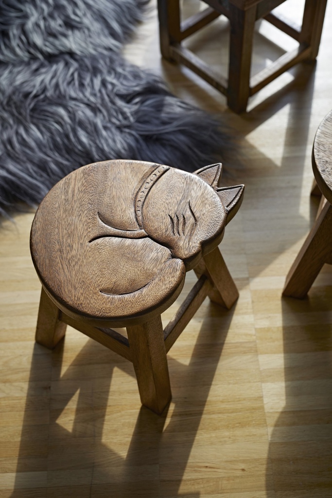 Hocker 'Katze' natur, H 25 cm, Ø 25 cm Aus Thailand