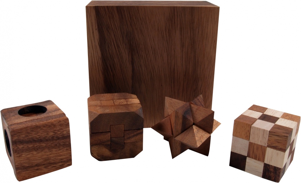 Holzspiel, Geschicklichkeitsspiel, Knobelspiel - 4 Puzzle - 6,5x13x13 cm