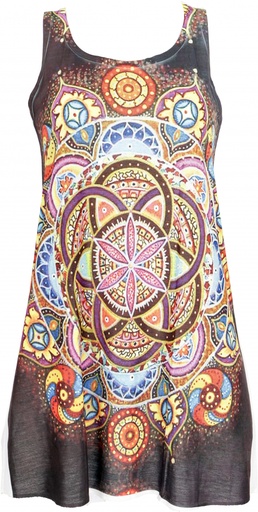 [G31962] Boho Minikleid, Hippiekleid mit psychodelischem Druck, langes Tanktop onezize