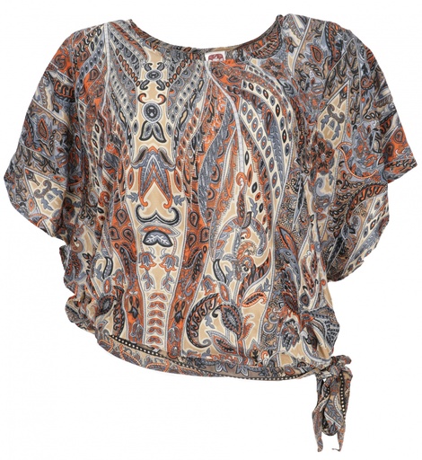 [G50424] Lockere Sommerbluse, seidige Boho Bluse - beige/blau