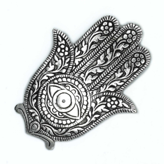 [paih-02] Räucherstäbchenhalter Hamsa aus poliertem Aluminium, 14 cm