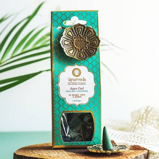 [SOI-008AO] Song of India – Ayurveda-Räucherkegel mit hängendem Metallbrenner – Aqua Oud (Pitta) – 20 Stück