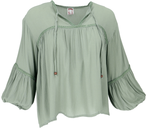 [53727] Luftige Boho Bluse mit Spitze, Maxibluse mit langen Ärmeln - helles olivgrün