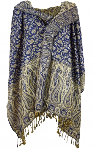 [G32235] Indischer Pashmina Schal, Schultertuch, Stola mit Paisley Muster - blau - 200x70 cm