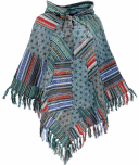 [G39236] Patchworkponcho mit Kapuze und Fransen, Boho Ethno Poncho - blau 