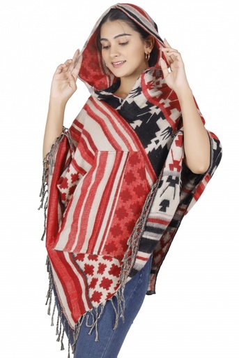 [G50644] Ethno, Hippie Poncho mit langer Zipfelkapuze - rot/beige 