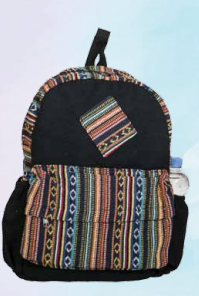 [HB1106] Hanf-Rucksack schwarz bunten Einsätzen 37x44cm